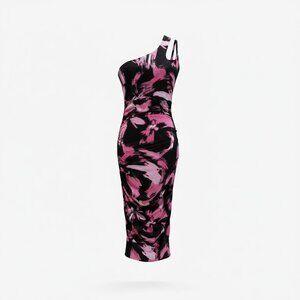 One-Shoulder Pink & Black Abstract Print Dress XS By The Fashion Spot